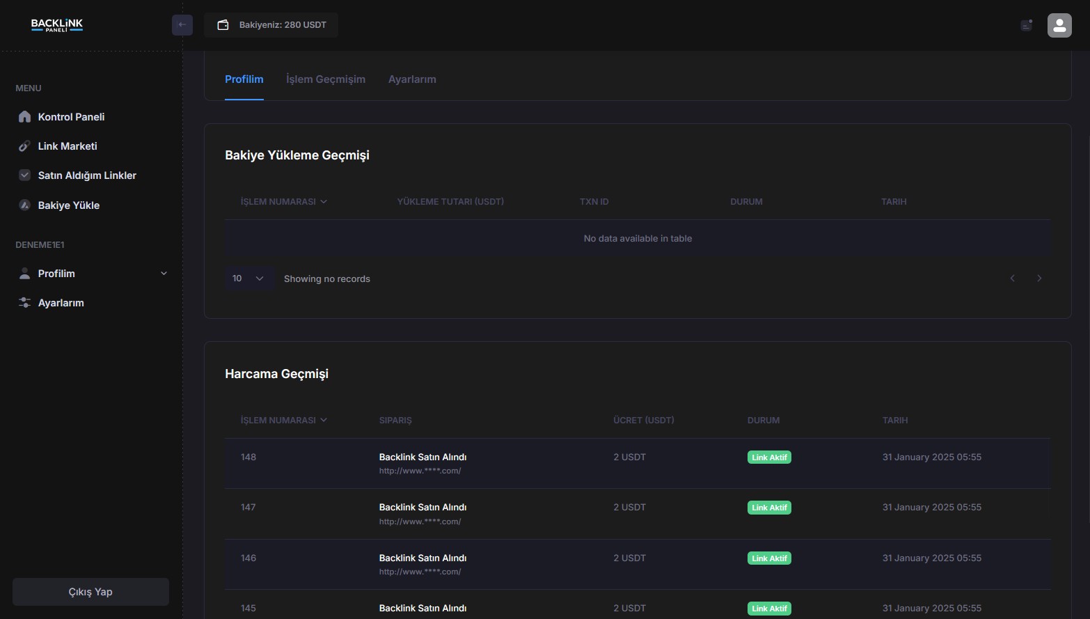 Hacklink Panel Bakiye ve Harcama Geçmişi